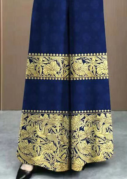 Navy Print Elastic Waist Cotton Wide Leg Pants