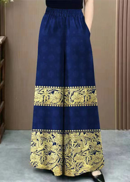 Navy Print Elastic Waist Cotton Wide Leg Pants