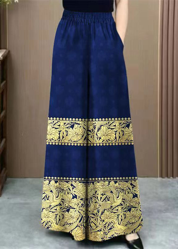 Navy Print Elastic Waist Cotton Wide Leg Pants