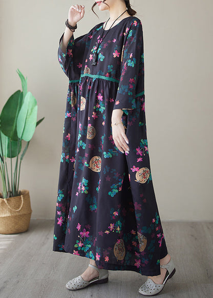 Navy Print Maxi Dresses Long Sleeve