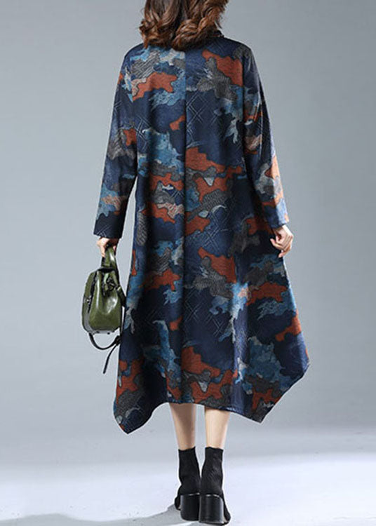 Navy Print Pockets Patchwork Cotton Long Dresses Fall