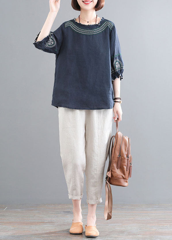 Navy Ruffled Embroidered Linen Tops and Crop Pants Two Piece Set Clothing Half Sleeve