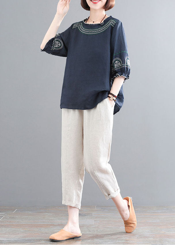 Navy Ruffled Embroideried Linen Tops and Crop Pants Two Piece Set Clothing Half Sleeve