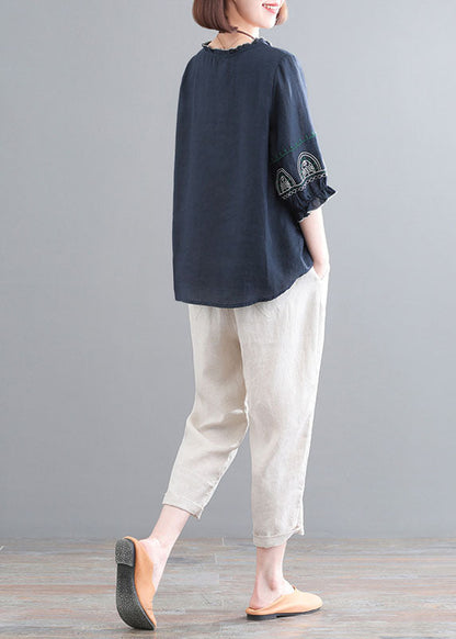 Navy Ruffled Embroidered Linen Tops and Crop Pants Two Piece Set Clothing Half Sleeve