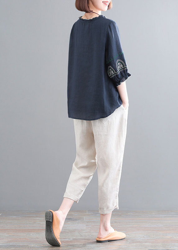 Navy Ruffled Embroidered Linen Tops and Crop Pants Two Piece Set Clothing Half Sleeve