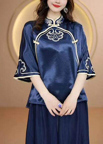 Navy Stand Collar Embroidered Silk Top Flare Sleeve
