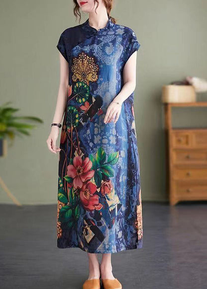 Navy Stand Collar Side Open Print Cheongsam Dresses Short Sleeve