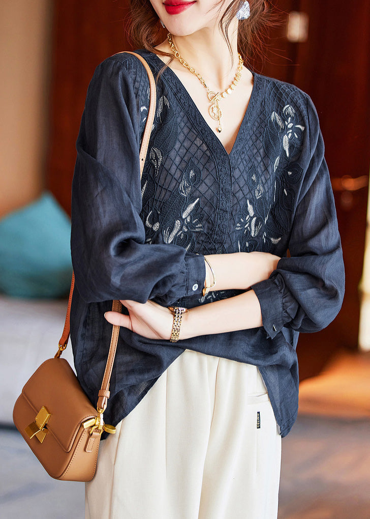 Navy V Neck Embroideried Linen Top Spring