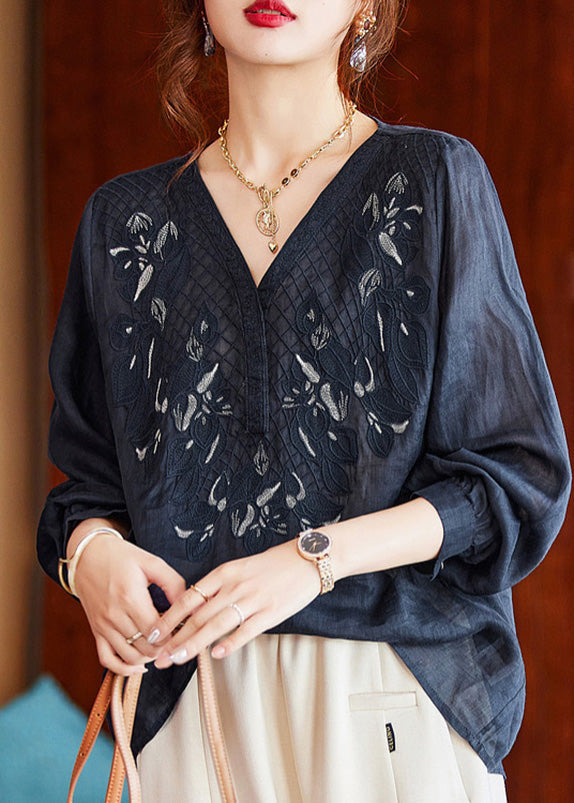 Navy V Neck Embroideried Linen Top Spring