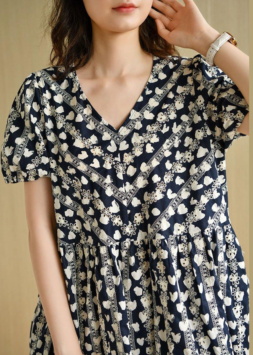 Navy V Neck Loose Print Summer Cotton Dress Short Sleeve