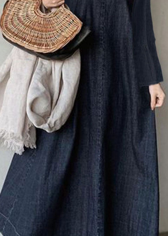 Navy V Neck Patchwork Loose Waist Cotton Dress Spring