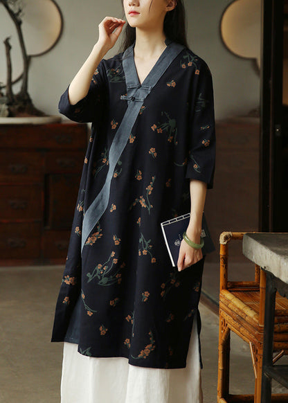 Navy V Neck Print Patchwork Cotton Dress Half Sleeve
