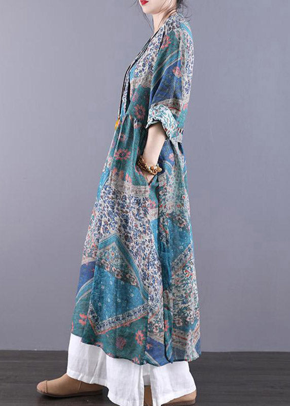Navy V Neck Print Patchwork Wrinkled Dress Long Sleeve