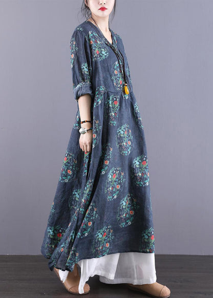 Navy V Neck Print Patchwork Wrinkled Dress Long Sleeve