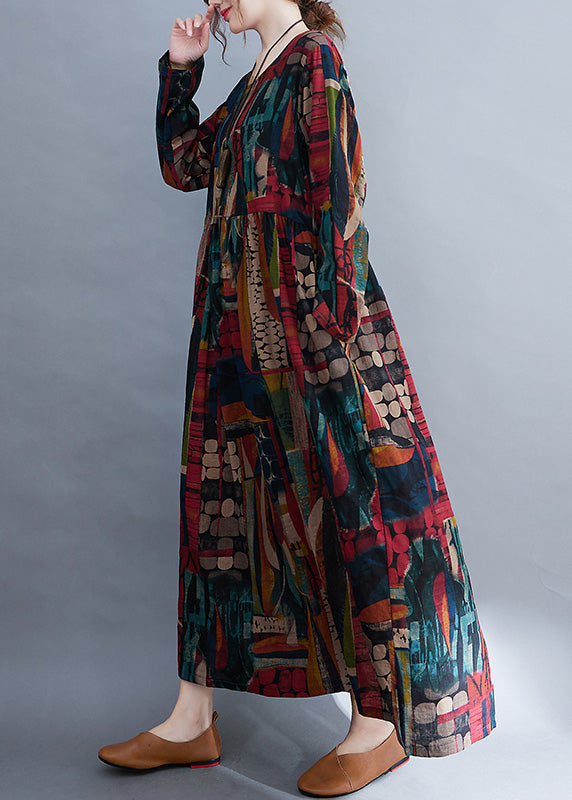 O-neck Patchwork Print Cotton Cozy Maxi Dress Long Sleeve