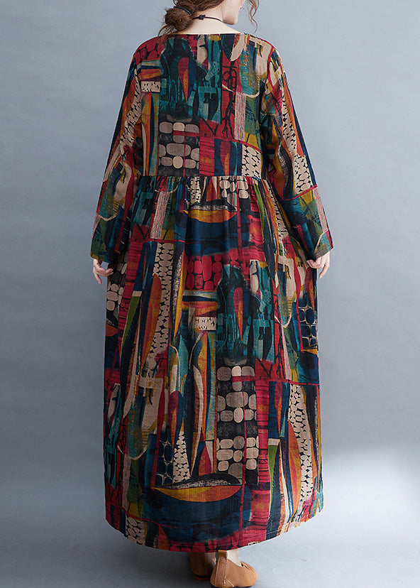 O-neck Patchwork Print Cotton Cozy Maxi Dress Long Sleeve