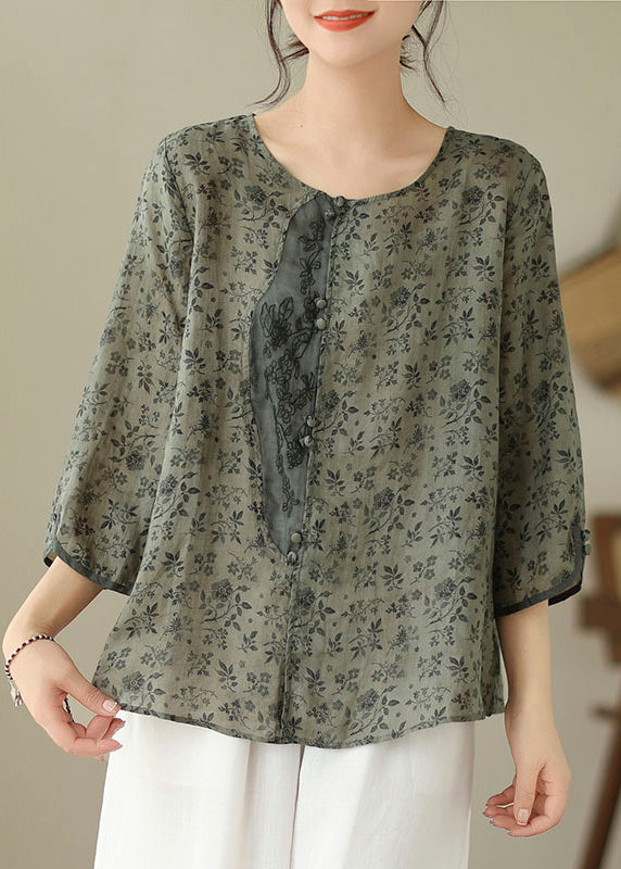 O-neck Print Button Linen Shirt Long Sleeve