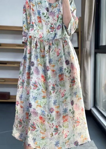 O Neck Print Patchwork Cotton Dress Bracelet Sleeve