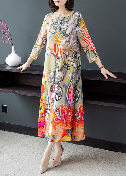 O-neck Print Silk Vacation Long Dresses Long Sleeve