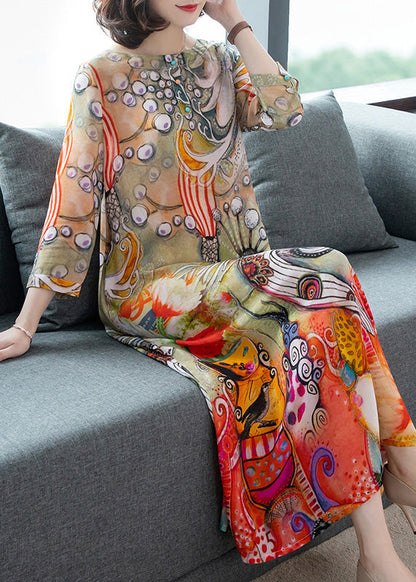 O-neck Print Silk Vacation Long Dresses Long Sleeve