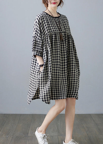 O-neck Wrinkled Pocket Plaid Linen Loose Dresses Half Sleeve