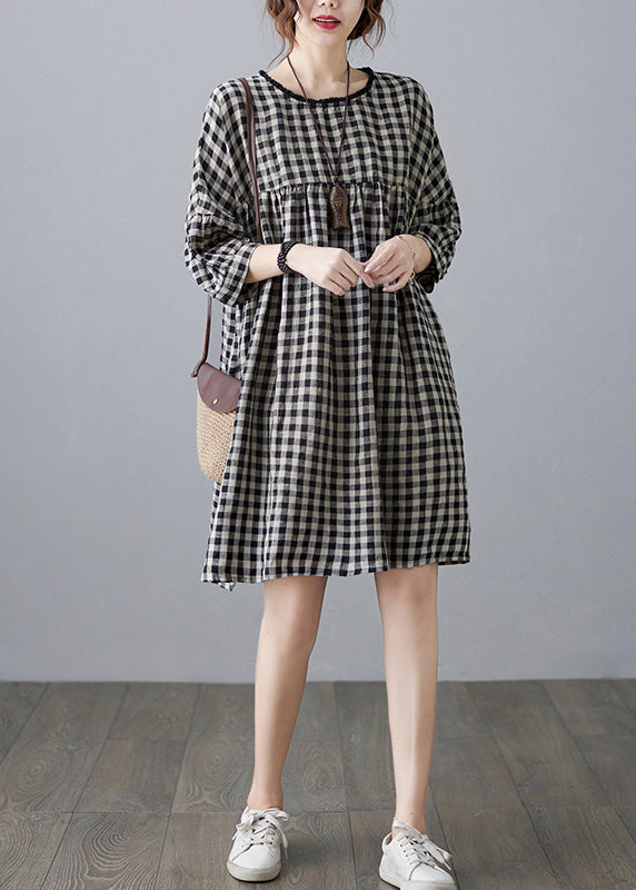 O-neck Wrinkled Pocket Yellow Linen Loose Dresses Half Sleeve