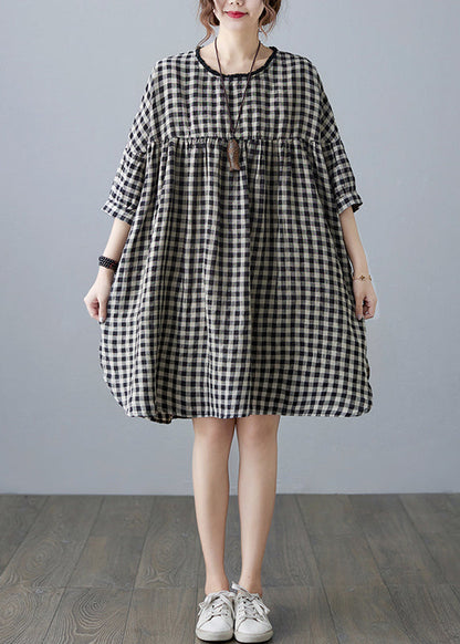 O-neck Wrinkled Pocket Green Linen Loose Dresses Half Sleeve