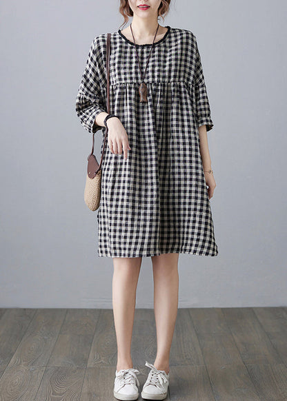 O-neck Wrinkled Pocket Purple Linen Loose Dresses Half Sleeve