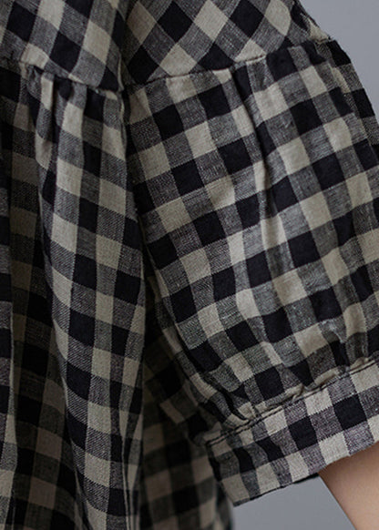 O-neck Wrinkled Pocket Purple Linen Loose Dresses Half Sleeve