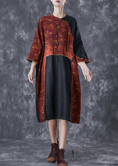Orange Asymmetrical Denim Patchwork Linen Dress Summer