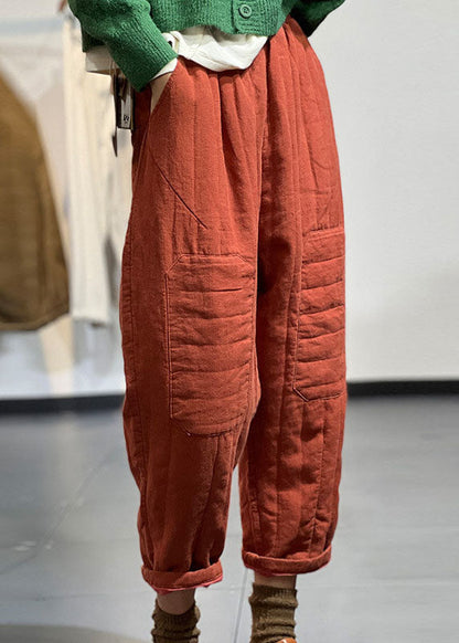 Orange Elastic Waist Patchwork Applique Fine Cotton Filled Harem Pants Winter