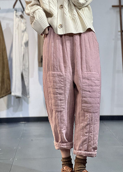 Orange Elastic Waist Patchwork Applique Fine Cotton Filled Harem Pants Winter