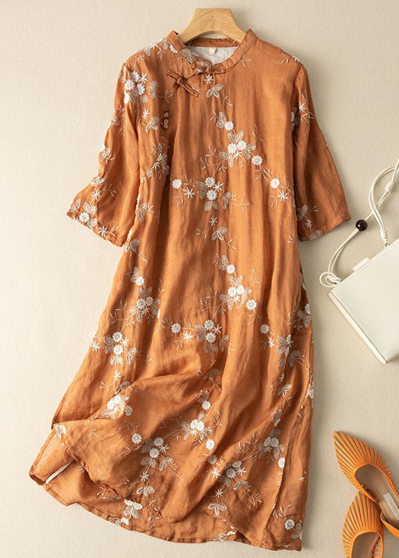 Orange Embroideried Chinese Button Patchwork Linen Dress Summer