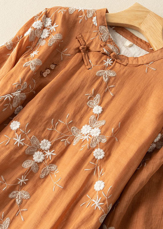 Orange Embroideried Chinese Button Patchwork Linen Dress Summer