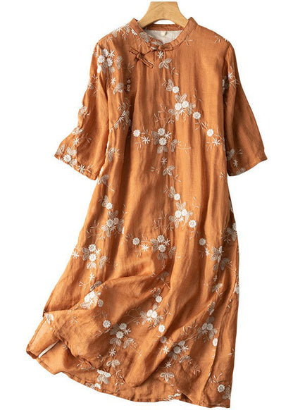 Orange Embroideried Chinese Button Patchwork Linen Dress Summer