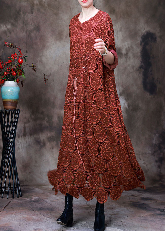 Orange Embroideried Asymmetrical Design Fall Dress Long Sleeve