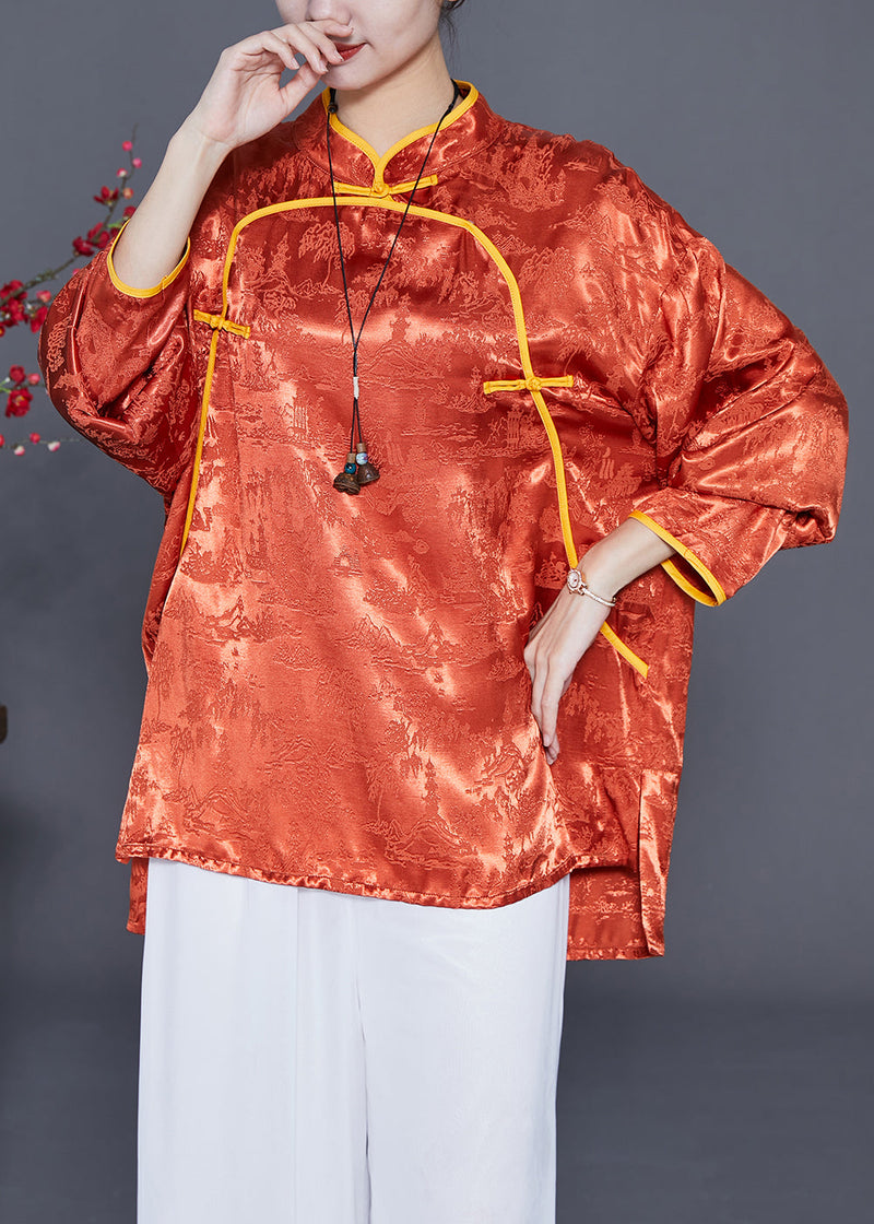 Orange Mandarin Collar Jacquard Chinese Button Silk Shirts Summer