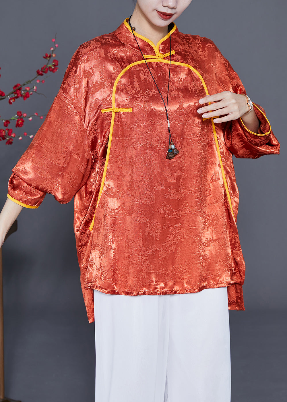 Orange Mandarin Collar Jacquard Chinese Button Silk Shirts Summer