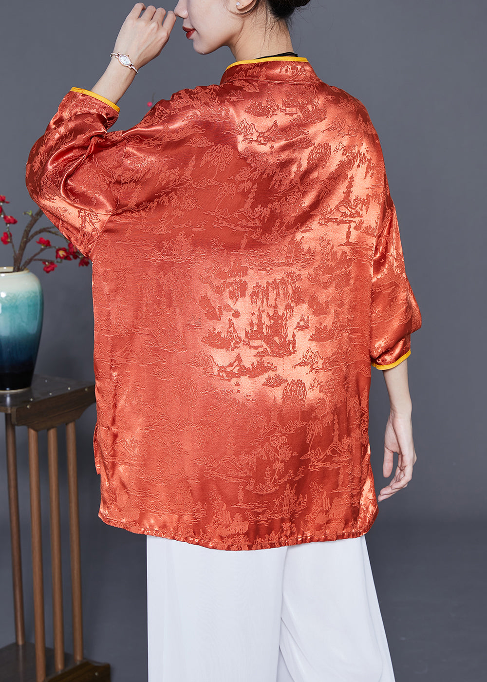 Orange Mandarin Collar Jacquard Chinese Button Silk Shirts Summer