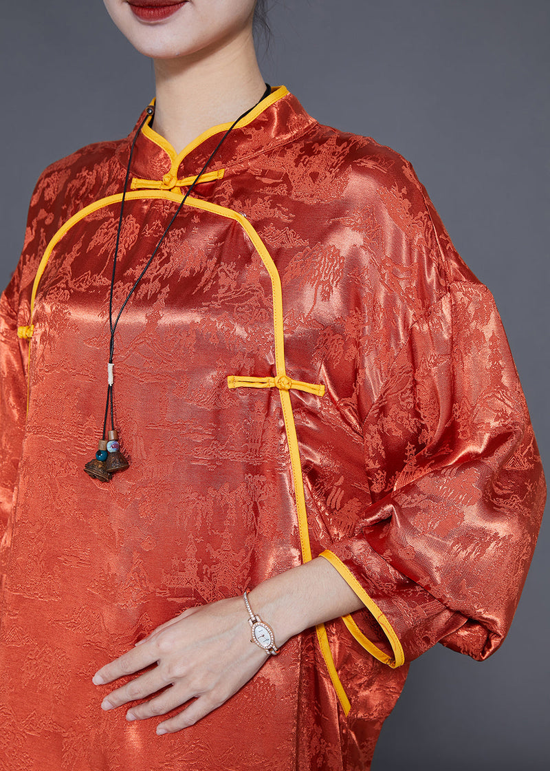 Orange Mandarin Collar Jacquard Chinese Button Silk Shirts Summer