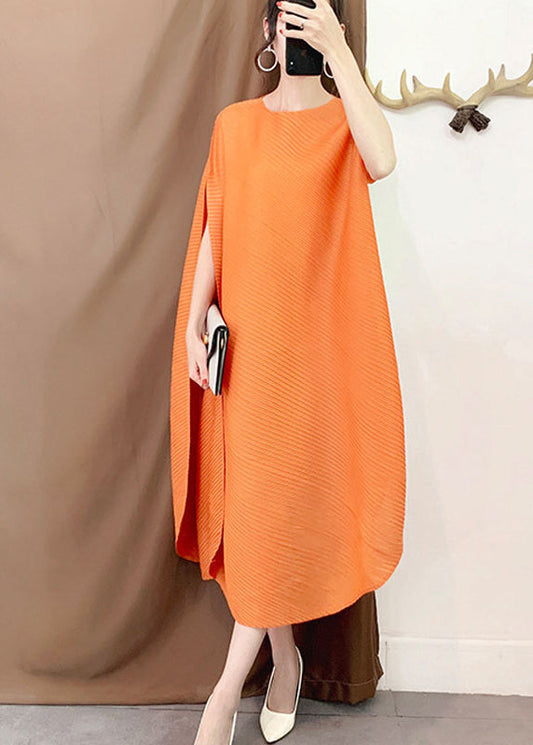 Orange O-neck Asymmetrical Striped Long Dress Short Sleeve