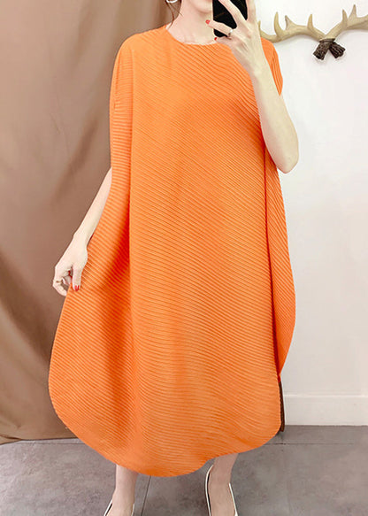 Orange O-neck Asymmetrical Striped Long Dress Short Sleeve