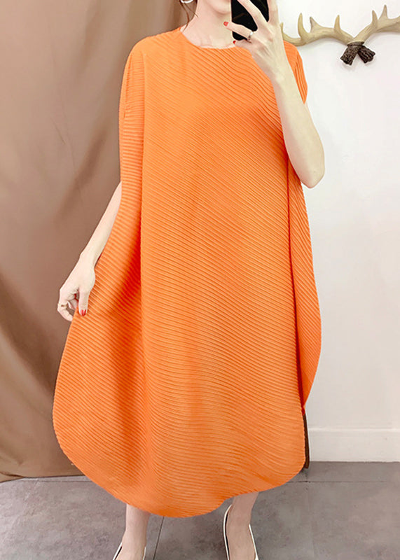 Orange O-neck Asymmetrical Striped Long Dress Short Sleeve