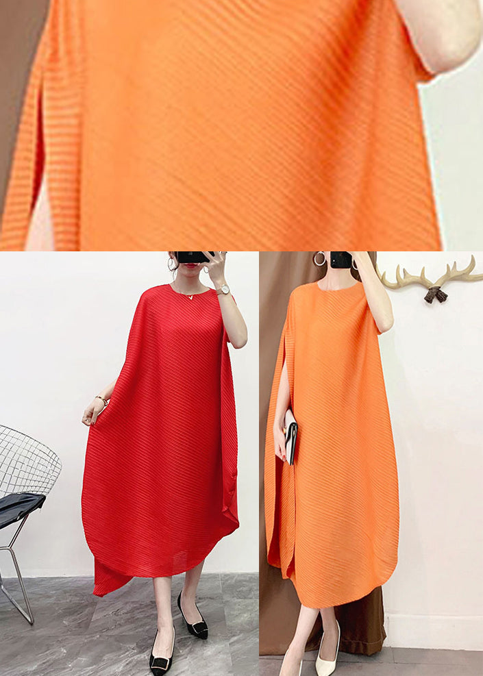 Orange O-neck Asymmetrical Striped Long Dress Short Sleeve
