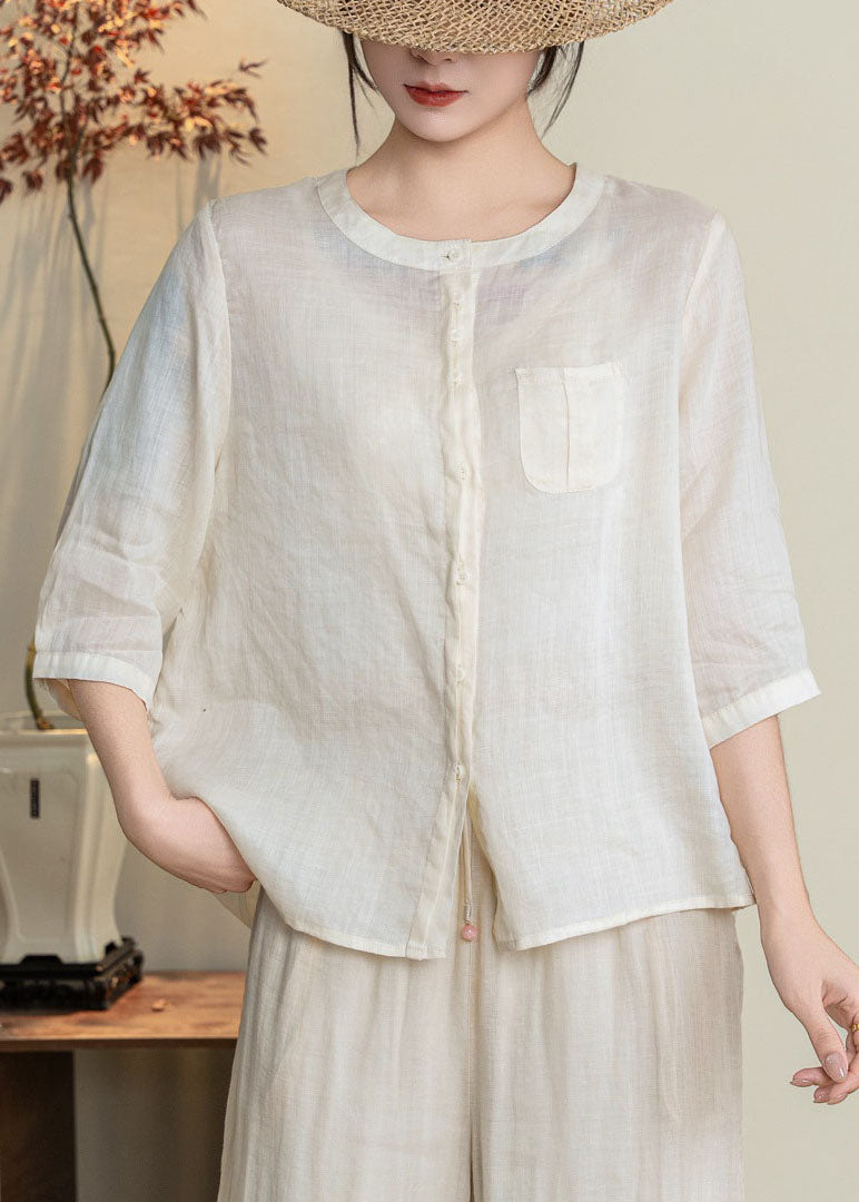 Orange O Neck Button Linen Shirts Summer