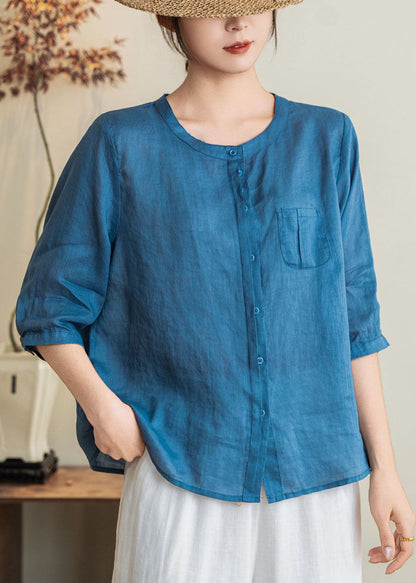 Orange O Neck Button Linen Shirts Summer