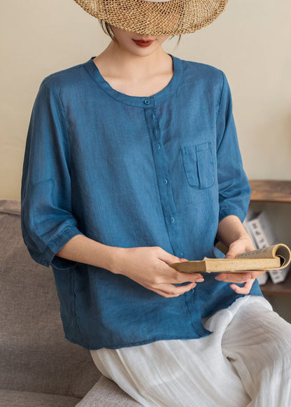 Orange O Neck Button Linen Shirts Summer