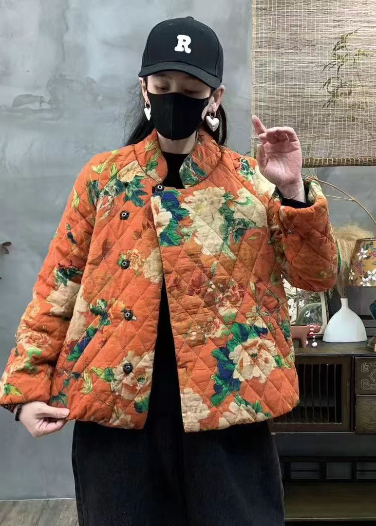 Orange Oversized Print Fine Cotton Filled Coats Winter