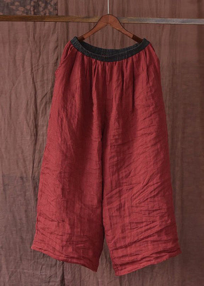 Orange Pockets Elastic Waist Linen Pants Summer