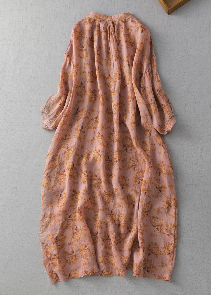 Orange Print Button Patchwork Linen Long Dresses Summer